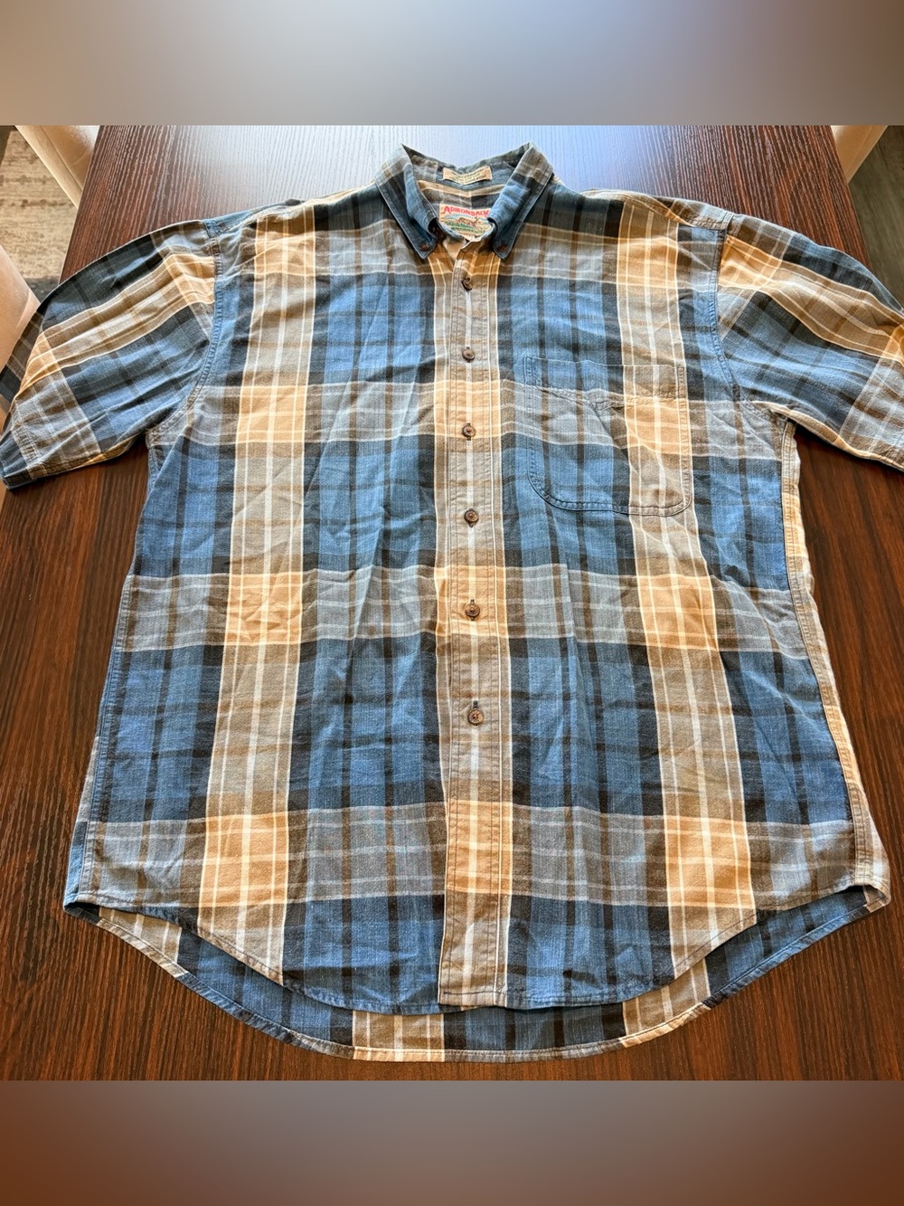 Adirondack Mens Indigo Chambray Plaid Shirt Made in Hong Kong Vintage 90s⁠ M